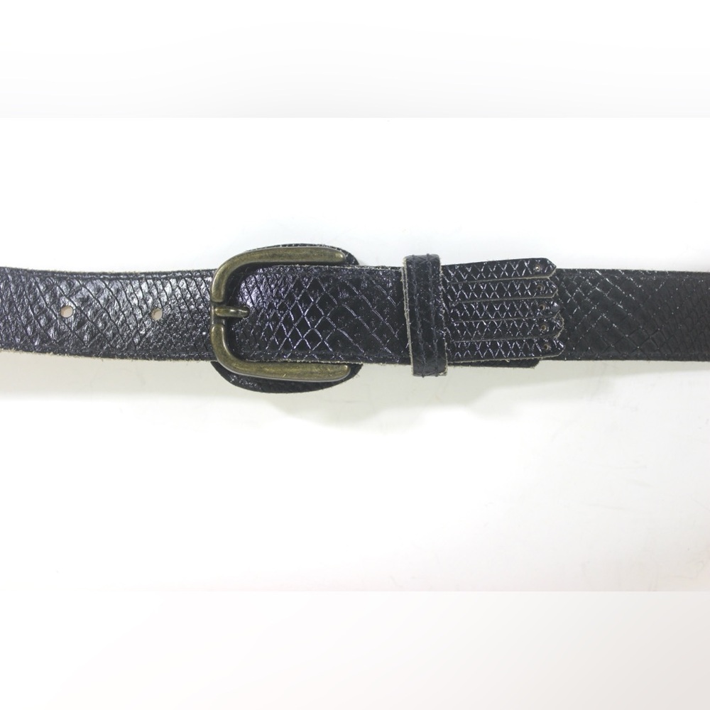 Skinny Black Leather Belt with and Embossed Snake Skin Print and Brass Buckle